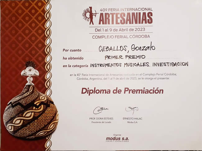 Primer Premio a la Investigación de Instrumentos Musicales - Córdoba 2023- Feria Internacional de Artesanias