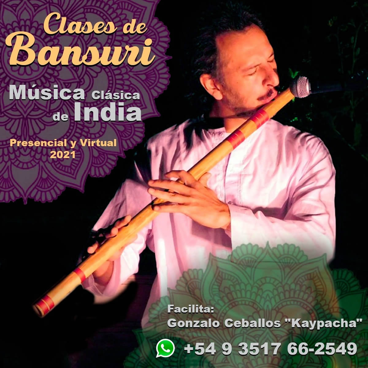 Clases frecuentes y regulares de BANSURI la flauta de bambú de India, las clases pueden ser virtuales con una regularidad semanal o presencial en Cordoba Capital y en Buenos Aires, abordando los multiples matices que engloban los Ragas del Norte de India
